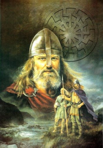 Viking Warrior With Black Sun Motif Print